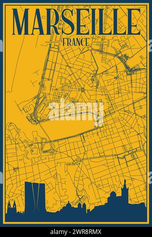 Handgezeichnetes Straßennetz und Skyline-Poster der Innenstadt von MARSEILLE, FRANKREICH Stock Vektor