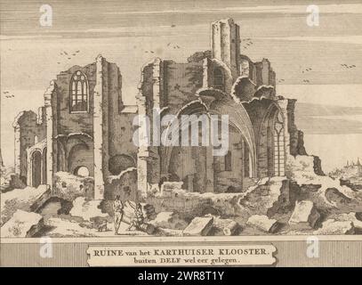 Blick auf die Ruinen des Kartäuserklosters bei Delft, Ruine des Kartäuserklosters, außerhalb von Delf (Titel auf Objekt), Burgen, Landgüter und Häuser in den Niederlanden (Serientitel), markiert unten rechts: I., Druckerei: Jacobus Schijnvoet, nach Zeichnung von: Roelant Roghman, (möglicherweise), Verlag: Pieter de Coup, (möglicherweise), Amsterdam, 1711, Papier, Ätzen, Gravieren, Höhe 194 mm x Breite 217 mm, Druck Stockfoto