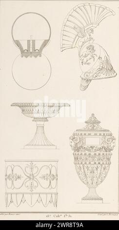 Verschiedene Ornamente, Ornamentdruck mit verschiedenen Dekorationsobjekten. Teil (18e. CAH.er f.le 31) des Printalbums mit zwei Serien von insgesamt 138 Zierdrucken von Beauvallet und Normand, 'Fragmens d'Ornemens dans le Style Antique'., Druckerei: Charles Pierre Joseph Normand, Verlag: Jacques-Louis Bance, Paris, 1820, Papier, Ätzen Stockfoto