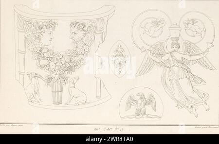 Verschiedene Ornamente, Ornamentdruck mit verschiedenen Objekten. Teil (20e. CAH.er f.le 48) des Printalbums mit zwei Serien von insgesamt 138 Ornamentdrucken von Beauvallet und Normand, 'Fragmens d'Ornemens dans le Style Antique'., Druckerei: Charles Pierre Joseph Normand, Verlag: Jacques-Louis Bance, Paris, 1820, Papier, Ätzen Stockfoto