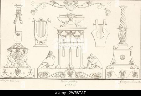 Verschiedene Ornamente, Ornamentdruck mit Ornament aus verschiedenen Teilen. Teil (4E. CAH. N. 22) des Printalbums mit zwei Serien von insgesamt 138 ornamentalen Drucken von Beauvallet und Normand, 'Fragmens d'Ornemens dans le Style Antique'., Druckerei: Pierre-Nicolas Beauvallet, nach Zeichnung von: Fleury, Verlag: Jacques-Louis Bance, Paris, 1820, Papier, Ätzen Stockfoto