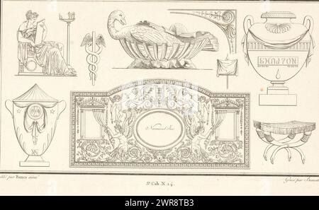 Verschiedene Ornamente, verschiedene Ornamente. Teil (3. CAH. N. 14) des Printalbums mit zwei Serien von insgesamt 138 ornamentalen Drucken von Beauvallet und Normand, 'Fragmens d'Ornemens dans le Style Antique'., Druckerei: Pierre-Nicolas Beauvallet, nach Entwurf: Charles Pierre Joseph Normand, Verlag: Jacques-Louis Bance, Paris, 1820, Papier, Ätzen Stockfoto