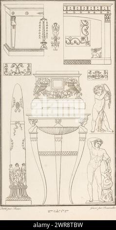 Verschiedene Ornamente, ornamentaler Druck mit verschiedenen Gegenständen, eine zentrale Opferschale auf hoher Basis. Teil (11E. CAH. f.le 2) des Printalbums mit zwei Serien von insgesamt 138 ornamentalen Drucken von Beauvallet und Normand, 'Fragmens d'Ornemens dans le Style Antique'., Druckerei: Pierre-Nicolas Beauvallet, Verlag: Jacques-Louis Bance, Paris, 1820, Papier, Ätzen Stockfoto