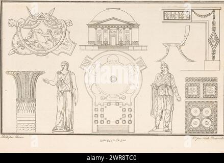 Verschiedene Ornamente, Ornamentmuster mit zentraler Karte und Vorderansicht eines runden Tempels. Teil (11E. CAH. f.le 5) des Printalbums mit zwei Serien von insgesamt 138 ornamentalen Drucken von Beauvallet und Normand, 'Fragmens d'Ornemens dans le Style Antique'., Druckerei: Cécile Beauvallet, Verlag: Jacques-Louis Bance, Paris, 1820, Papier, Ätzen Stockfoto