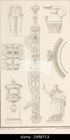 Verschiedene Ornamente, Ornamentdruck mit verschiedenen Ornamenten. Teil (9E. CAH. f.le 3) des Printalbums mit zwei Serien von insgesamt 138 ornamentalen Drucken von Beauvallet und Normand, 'Fragmens d'Ornemens dans le Style Antique'., Druckerei: Pierre-Nicolas Beauvallet, Verlag: Jacques-Louis Bance, Paris, 1820, Papier, Ätzen Stockfoto