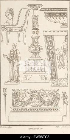 Verschiedene Ornamente, Ornamentdruck mit verschiedenen Objekten. Teil (11E. CAH. f.le 3) des Printalbums mit zwei Serien von insgesamt 138 ornamentalen Drucken von Beauvallet und Normand, 'Fragmens d'Ornemens dans le Style Antique'., Druckerei: Cécile Beauvallet, Verlag: Jacques-Louis Bance, Paris, 1820, Papier, Ätzen Stockfoto