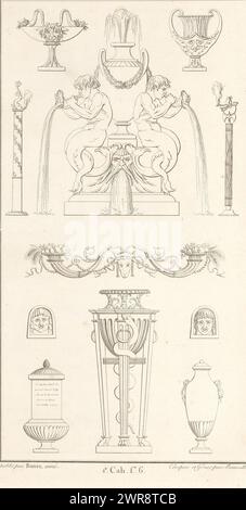 Springbrunnen und verschiedene Vasen, Ornament-Muster, darunter ein Brunnen und verschiedene Vasen. Teil (1. CAH. f. 6) des Printalbums mit zwei Serien von insgesamt 138 ornamentalen Drucken von Beauvallet und Normand, "Fragmens d'Ornemens dans le Style Antique"., Druckerei: Pierre-Nicolas Beauvallet, nach eigenem Entwurf von: Pierre-Nicolas Beauvallet, Verlag: Jacques-Louis Bance, Paris, 1820, Papier, Ätzen Stockfoto