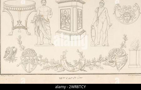 Verschiedene Ornamente, Ornament-Druck mit zwei mittig stehenden männlichen Figuren auf beiden Seiten eines Altars. Teil (XII. CAH. f.le 5) des Printalbums mit zwei Serien von insgesamt 138 ornamentalen Drucken von Beauvallet und Normand, 'Fragmens d'Ornemens dans le Style Antique'., Druckerei: Cécile Beauvallet, Verlag: Jacques-Louis Bance, Paris, 1820, Papier, Ätzen Stockfoto