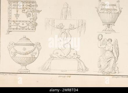 Verschiedene Ornamente, Ornamentdruck mit verschiedenen Objekten, ein zentraler Brunnen mit Delfinen. Teil (13E. CAH. f.le 6) des Printalbums mit zwei Serien von insgesamt 138 ornamentalen Drucken von Beauvallet und Normand, 'Fragmens d'Ornemens dans le Style Antique'., Druckerei: Pierre-Nicolas Beauvallet, nach eigenem Entwurf von: Pierre-Nicolas Beauvallet, Verlag: Jacques-Louis Bance, Paris, 1820, Papier, Ätzen Stockfoto