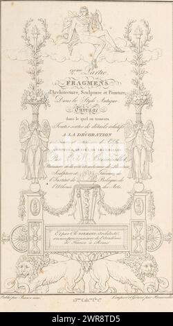 Titelseite für '2eme Partie Fragmens d'Architecture, Skulptur und Peinture; Dans le Style Antique, gravierte Titelseite mit Titel und Ornamenten. Apollo oben, zwei Löwen unten. Teil (13E. CAH. f.le 1) des Printalbums mit zwei Serien von insgesamt 138 ornamentalen Drucken von Beauvallet und Normand, 'Fragmens d'Ornemens dans le Style Antique'., Druckerei: Pierre-Nicolas Beauvallet, Verlag: Jacques-Louis Bance, Paris, 1820, Papier, Ätzen Stockfoto