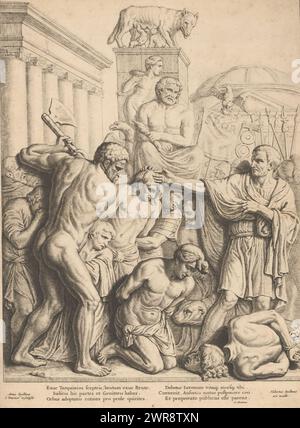 Mit dem Urteil von Lucius Junius Brutus im Vierschaar des Rathauses am Dam-Platz ist Print Teil eines Albums. Unten in der Mitte markiert: C. mit sechs lateinischen Versen am unteren Rand. Konsul Lucius Junius Brutus, der rechts steht, signalisiert dem Henker, das Urteil zu vollstrecken und seinen Sohn enthaupten zu lassen. Sein anderer Sohn wurde bereits enthauptet und liegt zu seinen Füßen., Druckerei: Hubert Quellinus, nach eigenem Entwurf von: Hubert Quellinus, nach Skulptur von: Artus Quellinus (I), Amsterdam, 1655 - 1665, Papier, Ätzen, Gravur, Höhe 433 mm x Breite 321 mm Stockfoto