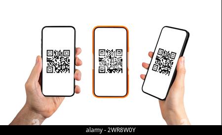 QR-Code-Scanner, Mobiltelefon-Anwendung für elektronische Zahlung mit qrcode, isoliert auf weißem Hintergrund. Stockfoto