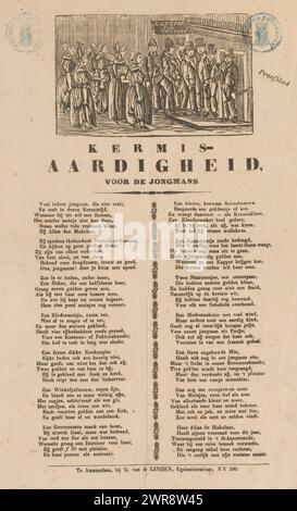 Frauen und Männer im "Büro der Freier", Fair-Kermis-Aardigheid, für die jungen Männer (Titel auf Objekt), sieht Eine Gruppe von Frauen links eine Gruppe von Männern, die vor dem "Büro der Freier" stehen. Mit vierzehn Absätzen auf Niederländisch, in denen die Frauen beschrieben werden, aus denen die Männer wählen können und wie viel diese Frauen für ein Date bieten. Oben rechts erwähnt: Beispielblatt., Druckerei: Anonym, Verlag: Gerrit van der Linden, Amsterdam, 1864 - 1875, Papier, Buchdruck, Höhe 337 mm x Breite 210 mm, bedruckt Stockfoto