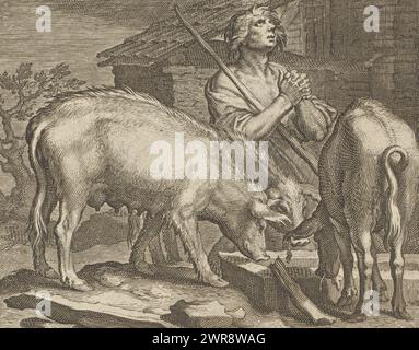 Verlorener Sohn als Schwein im Trog, Pastorale (Serientitel), nummeriert unten rechts: 6., Druckerei: Boëtius Adamsz. Bolswert, nach Entwurf: Abraham Bloemaert, Verlag: Wilhelmus Koning, (evtl.), Amsterdam, 1611 - 1632 und/oder ca. 1717 - 1732, Papier, Gravur, Höhe 114 mm x Breite 142 mm, Druck Stockfoto