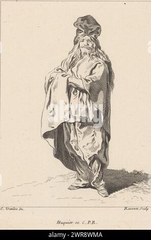 Stehende Figur, Sammlung verschiedener dramatischer Posen (Serientitel), Recueil de Differentes lädt Designée A Rome par Carloo Vanloo Peintre du Roy (Serientitel über Objekt), stehender Mann mit langen Haaren und gefalteten Armen, von vorne gesehen. Nummeriert oben rechts: 2. Teil einer Serie von zwölf Druckgrafiken mit Figuren in dramatischen Posen, oft in orientalischen Fantasy-Kostümen gekleidet, nach Zeichnungen von Carle van Loo, die während seines Aufenthaltes in Rom (1728–1732) entstanden sind., Druckerei: Simon Francois Ravenet (le vieux), nach Zeichnung von Carle van Loo, Verlag: Jacques Gabriel Huquier, Druckerei: Paris Stockfoto