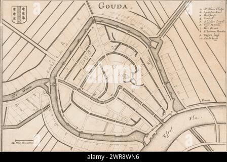 Festungskarte von Gouda, Gouda (Titel auf Objekt), Karte von Gouda. Oben links das Stadtwappen, oben rechts eine deutsche Legende 1-10. Unten links eine Skala: 480 Plättchen geometrici., Druckerei: Caspar Merian, nach Entwurf: Johann Merck, Verlag: Caspar Merian, Frankfurt am Main, 1654 - ca. 1700, Papier, Ätzen, Gravur, Höhe 180 mm x Breite 264 mm, Druck Stockfoto