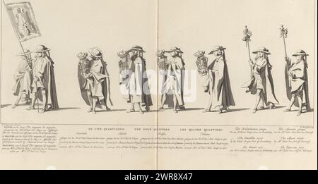 Beerdigungsstation von Willem IV, 1752, Platte 22, Banner mit den Devys / de vier Quartieren / de Handschuhe (...) (Titel auf Objekt), Lyk-Statue seiner heitersten Hoheit, Lord Willem Carel Hendrik Friso, Prinz von Orange und Nassau (...) Am 4. Februar 1752 (Serientitel), Ein Banner und die Träger der vier Viertel des Statthalterwappens. Am Rand eine Beschriftung in Niederländisch, Französisch und Englisch. Der Druck ist Teil eines Albums., Druckerei: Jan Punt, nach Zeichnung von: Pieter Jan van Cuyck, Herausgeber: Pierre Gosse jr., den Haag, 1753 und/oder 1755, Papier, Ätzen Stockfoto