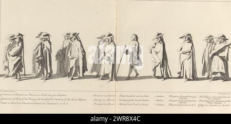 Beerdigungsstation von Wilhelm IV., 1752, Platte 19, Kommissare und Clerquen des Schatzamtes und des Rates seiner Hoheit (...) (Titel auf Objekt), Lyk-Staetsie seiner heitersten Hoheit den Heer Willem Carel Hendrik Friso, Prinz von Orange und Nassau (...) Am IV. Februar 1752 (Titel der Reihe), Mitglieder des Verwaltungsapparates des Statthalters. Am Rand eine Beschriftung in Niederländisch, Französisch und Englisch. Der Druck ist Teil eines Albums., Druckerei: Jan Punt, nach Zeichnung von: Pieter Jan van Cuyck, Herausgeber: Pierre Gosse jr., den Haag, 1753 und/oder 1755, Papier, Ätzen, Gravur Stockfoto