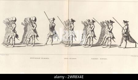 Begräbnisstation von Wilhelm IV., 1752, Platte 6, Schweizergarde (Titel auf Objekt), Lyk-Statue seiner heitersten Hoheit Lord Willem Carel Hendrik Friso, Prinz von Orange und Nassau (...) Gehalten am IV. Februar 1752 (Serientitel), die Schweizergarde. Am Rand eine Beschriftung in Niederländisch, Französisch und Englisch. Der Druck ist Teil eines Albums., Druckerei: Jan Punt, nach Zeichnung von: Pieter Jan van Cuyck, Herausgeber: Pierre Gosse jr., den Haag, 1752 und/oder 1755, Papier, Ätzen, Gravur, Höhe 270 mm x Breite 560 mm, bedruckt Stockfoto