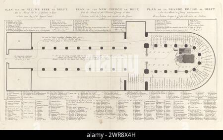 Beerdigungsstation von Wilhelm IV., 1752, Platte 40, Plan der Neuen Kirche in Delft, mit dem Marsch der Lykstation und ihrem Stand, als der Lyk beigesetzt wurde (Titel auf Objekt), Lyk-Staetsie seiner heitersten Hoheit Lord Willem Carel Hendrik Friso, Prinz von Orange und Nassau (...) Am 4. Februar 1752 (Titel der Serie), Plan of the Nieuwe Kerk in Delft. Am Rande gibt es eine Bildunterschrift in Niederländisch, Französisch und Englisch mit einem Überblick über die Orte, an denen alle Gäste Platz genommen haben. Der Druck ist Teil eines Albums., Druckerei: Jan Punt, ( zugeschrieben) Stockfoto