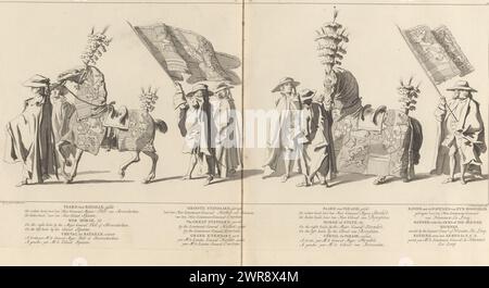 Bestattungsstation Willem IV, 1752, Plate 21, Paard van Bataille / Groote Standaard / Paard van Parade (...) (Titel zum Objekt), Lyk-Staetsie seiner berühmtesten Hoheit den Heere Willem Carel Hendrik Friso, Prinz von Orange und Nassau (...) Am 4. Februar 1752 (Serientitel), die Pferde der Schlacht und Parade und die Träger der großen Standard und Banner des Statthalters. Am Rand eine Beschriftung in Niederländisch, Französisch und Englisch. Der Druck ist Teil eines Albums., Druckmacher: Jan Punt, nach Zeichnung von: Pieter Jan van Cuyck, Herausgeber: Pierre Gosse jr., den Haag Stockfoto