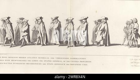 Grabstätte von Wilhelm IV., 1752, Platte 30, de Hoog Mogende Heeren Staaten Generaal der Vereenigde Nederlanden (Titel auf Objekt), Lyk-Statue seiner heitersten Hoheit den Heere Willem Carel Hendrik Friso, Prinz von Orange und Nassau (...) Am IV. Februar 1752 (Reihentitel), Mitglieder der Generalstaaten. Am Rand eine Beschriftung in Niederländisch, Französisch und Englisch. Der Druck ist Teil eines Albums., Druckerei: Jan Punt, nach Zeichnung von: Pieter Jan van Cuyck, Herausgeber: Pierre Gosse jr., den Haag, 1754 und/oder 1755, Papier, Ätzen, Gravur, Höhe 270 mm x Breite 560 mm Stockfoto