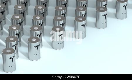 Lithium-Ionen-Akku 4680 Tesla, Akkumulatorzellen mit hoher Kapazität, Tischzelle, Energiespeicher, Elektrofahrzeugproduktion, High Tech Autom Stockfoto