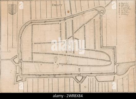 Festungskarte von Delft, Delft (Titel auf Objekt), oben links das Wappen von Delft, oben rechts eine deutsche Legende A-G., Druckerei: Caspar Merian, nach Entwurf: Johann Merck, Verlag: Caspar Merian, Frankfurt am Main, 1654 - ca. 1700, Papier, Ätzen, Gravur, Höhe 179 mm x Breite 260 mm, Druck Stockfoto