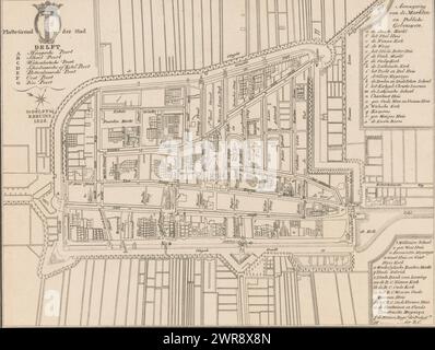 Karte von Delft, Karte der Stadt Delft (Titel auf Objekt), oben links der Titel, das Wappen von Delft und eine Legende A-G. Oben rechts eine Legende A-s, unten rechts eine Legende t-gg., Druckerei: Monogrammist JFL (negentiende eeuw), Druckerei: Monogrammist CCF (negentiende eeuw), Verlag: B. Bruins, Delft, 1828, Paper, Gravur, Höhe 199 mm x Breite 250 mm, bedruckt Stockfoto
