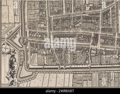 Plan der figürlichen Karte von Delft (linker unterer Teil), Karte von Delft (linker unterer Teil) (Titel auf Objekt), Teil (links unten) der Karte der figürlichen Karte von Delft., Druckerei: Johannes de RAM, Druckerei: G. Wingendorp, Druckerei: Andries Hoogenboom, Druckerei: Amsterdam, Delft, Verlag: Amsterdam, Herausgeber: Amsterdam, Delft, Delft, 1678 und/oder 1703 - 1752, Papier, Ätzen, Gravur, Höhe 470 mm x Breite 645 mm, Druck Stockfoto