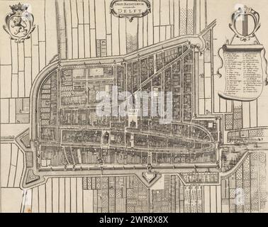 Karte von Delft, Delfi Batavorum vernacule Delft (Titel auf Objekt), Karte aus der Vogelperspektive. Oben links das Wappen von Holland. Oben rechts das Wappen von Delft mit einer Legende 1-37 darunter., Druckerei: Anonym, Verlag: Johannes Janssonius van Waesberge (I), (möglicherweise), Verlag: Johannes Janssonius van Waesberge (II), (möglicherweise), Amsterdam, 1657 - 1690, Papier, Ätzen, Gravieren, Höhe 405 mm x Breite 502 mm, Druck Stockfoto