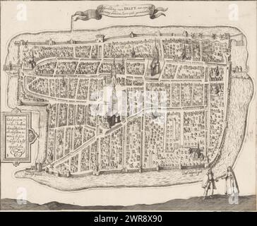 Karte von Delft, Bild von Delft, nach einer Zeichnung von 1560 / Delpium urbis Hollandiae cultissima ab euisdem nominis fossa vulgo Delft appelata (Titel auf Objekt), Karte in Vogelperspektive. Oben in der Mitte befindet sich eine Banderole mit dem niederländischen Titel. Links eine Kartusche mit dem lateinischen Titel. Zwei Figuren unten rechts., Druckerei: Monogrammist IB (18e eeuw), nach Druck: Frans Hogenberg, Verlag: Reinier Boitet, (möglicherweise), Delft, 1729, Papier, Ätzen, Gravieren, Höhe 270 mm, Breite 326 mm, drucken Stockfoto