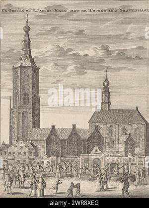 Blick auf die Grote Kerk in den Haag, de Groote oder S. Jacobs Kerk mit dem Turm in den Haag (Titel auf Objekt), Blick auf die Grote Kerk, auch Sint-Jacobskerk genannt, in den Haag. Von der Seite des River Fish Market aus gesehen. Verschiedene Fischhändler und andere Figuren vor der Kirche., Druckerei: Anonym, Herausgeber: Jan Claesz ten Hoorn, (evtl.), Verlag: Johannes Ratelband (I), (evtl.), Amsterdam, 1711 - 1729, Papier, Ätzen, Gravieren, Höhe 175 mm x Breite 133 mm, Druck Stockfoto