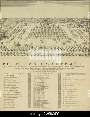 Lager bei den Haag, 1742, Plan des Campings durch die Wachen zu Pferd und zu Fuß, von denen die Obersten der Graf van Bentheym, Generalmajor der Kavallerie, und Herr Van der Duyn, Generalmajor der Infanterie sind. Am 29. Mai 1742 war in 't Haagsche Bosch die Maliebaan beteiligt (Titel auf Objekt), Vogelperspektive der großen Heeresübung, das Lager in den Haag, ein auf Befehl der Staaten Holland und Westfriesland gegründetes Armeelager in den Haagse Bos bei den Haag, Mai 1742. Auf dem Blatt unter der Platte die Legenden 1-9, 10-18, A-M, A-W und A-Q. Stockfoto