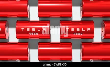 Lithium-Ionen-rote Tesla-Batterie 4680, Akkumulatorzellen-Module mit hoher Kapazität, Tischzelle, Produktion Hochleistung, Elektrofahrzeuge mit erneuerbarer Energie, dr Stockfoto