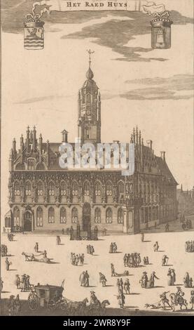 Blick auf das Rathaus von Middelburg, Het Raed Huys (Titel auf Objekt), Blick auf das Rathaus von Middelburg, am Markt. Oben links das Wappen von Zeeland, in der Mitte eine Banderole mit dem Titel und oben rechts das Wappen der Stadt., Druckerei: Anonym, Verlag: Johannes Meertens, (möglicherweise), Verlag: Abraham van Someren, (möglicherweise), Verlag: Middelburg, Verlag: Amsterdam, Verlag: Leiden, 1696 - 1728, Papier, Ätzen, Gravieren, Höhe 274 mm x Breite 168 mm, Druck Stockfoto