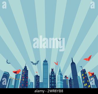 Horizontaler Hintergrund im Comic-Stil für Super HERO Kinderparty mit Stadtsilhouette und Wolken. Metropolis Cartoon Illustration. Stock Vektor