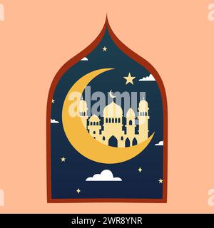 Islamischer Fensterbogen mit Mond, Moschee-Kuppel und Sternen im orientalischen Stil, Ramadan-Monat, modernes Boho-Design Stock Vektor