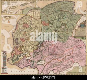 Karte von Friesland, Frisiae dominium vernacule Friesland (...) (Titel auf Objekt), links oben eingesetzte Karte von Vlieland, Terschelling, Ameland und Schiermonnikoog, mit zwei Skalenstiften: Deutsche Meil 15 in einem Grad, uur Gaugen 20 in einem Grad. Bild unten links von der Statue der Steinmensch in Harlingen. Mitte rechts Titelkartusche mit dem Wappen Frieslands darüber. Legende rechts unten und zwei Skalenstäbe: Gemein deutsches Mittel 15 in Grad, Stunden entsprechen jeweils 1200 Königsstangen. Graduierung entlang der Kanten., Druckerei: Anonym, Verlag: Abraham Allard, unbekannt, Amsterdam, c. 1703 Stockfoto