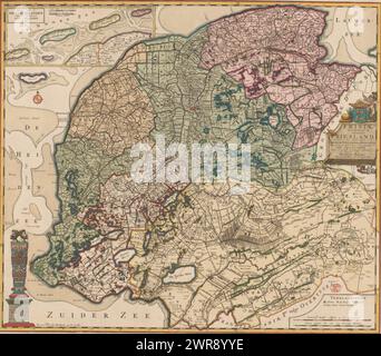 Karte von Friesland, Frisiae dominium vernacule Friesland (...) (Titel auf Objekt), links oben eingesetzte Karte von Vlieland, Terschelling, Ameland und Schiermonnikoog, mit zwei Skalenbalken: Deutsche Meilen 15 in Grad, 3,25 Stunden je 1200 Königsruten. Bild unten links von der Statue der Steinmensch in Harlingen. Mitte rechts Titelkartusche mit dem Wappen Frieslands darüber. Legende unten rechts und zwei Skalenbalken: Gemeinsame deutsche Meilen 15 bis zu einem Grad, Stunden gehen jede von 1200 Königsruten. Graduierung entlang der Kanten., Druckerei: Anonym, Verlag: Francois Halma, unbekannt, Leeuwarden, 1718 Stockfoto