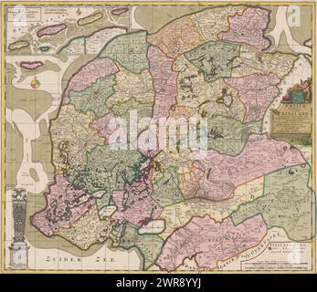Karte von Friesland, Frisiae dominium vernacule Friesland (...) (Titel auf Objekt), links oben eingesetzte Karte von Vlieland, Terschelling, Ameland und Schiermonnikoog, mit zwei Skalenstiften: Deutsche Meil 15 in einem Grad, uur Gaugen 20 in einem Grad. Bild unten links von der Statue der Steinmensch in Harlingen. Mitte rechts Titelkartusche mit dem Wappen Frieslands darüber. Legende rechts unten und zwei Skalenstäbe: Gemein deutsches Mittel 15 in Grad, Stunden entsprechen jeweils 1200 Königsstangen. Graduierung entlang der Kanten., Druckerei: Anonym, Verlag: Pieter Schenk (I), unbekannt, Amsterdam, 1706 Stockfoto