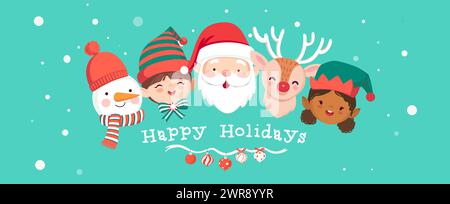 Happy Holidays horizontales Banner mit süßem Weihnachtsmann, Schneemann, Elfen und Hirsch. Weihnachtscartoonfigur im Winter. Frohe Weihnachten und glücklich Stock Vektor