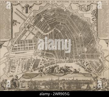 Karte von Amsterdam, Exactissima Amstelodami veteris et novissima delineatio (Titel auf Objekt), Karte in Vogelperspektive. Der Titel oben. Oben links die Legende 1-178. Rechts davon befindet sich das Stadtwappen. Oben rechts die Legende 179-354 mit dem Stadtsiegel und einem Schuppenstift links: Skala von 1000 Amsteldam Fuß. Unten links eine weibliche Figur mit einem Räuchergefäß auf einem Kamel oder Dromedar als Personifikation Asiens und Europas auf einem Stier als Personifikation des gleichnamigen Kontinents. Unten in der Mitte ein Blick auf die Stadt, vom IJ aus gesehen Stockfoto