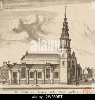 Blick auf die Westseite der Zuiderkerk in Amsterdam, de Kerk en Tooren nade West Zyde (Titel auf Objekt), Blick auf die Westseite der Zuiderkerk in Amsterdam. Einige Figuren auf der Straße., Druckerei: Pieter van den Berge, (möglicherweise), Druckerei: Daniël Stopendaal, (möglicherweise), Amsterdam, 1685 - 1737, Papier, Ätzen, Gravieren, Höhe 168 mm x Breite 171 mm, Druck Stockfoto