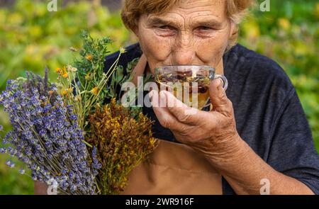 Eine ältere Frau bereitet Kräutertee zu. Selektiver Fokus. Stockfoto