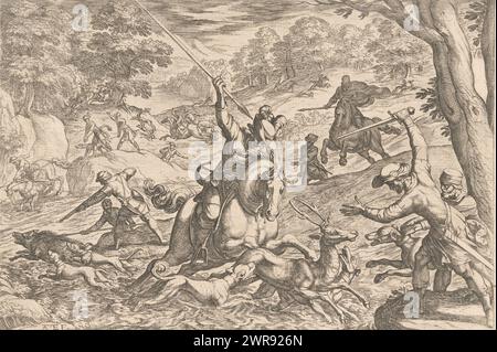 Jagd auf Hirsch und Wildschwein, Jagdszenen (Teil 7) (Titel der Serie), Landschaft mit Jägern und Jagdhunden Jagd auf Hirsch und Wildschwein., Druckerei: Antonio Tempesta, Karel van Valois (hertog van Angoulême), Antonio Tempesta, Rom, 1608 und/oder 1621, Papier, Ätzen, Höhe 203 mm x Breite 283 mm, bedruckt Stockfoto