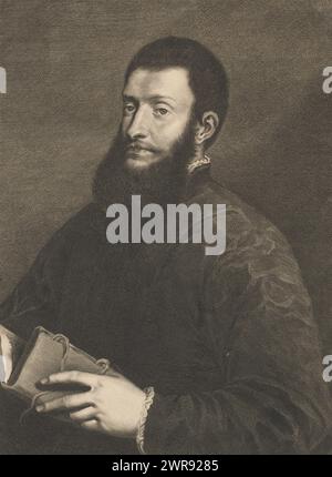 Porträt des Dichters Pietro Aretino, Caelaturae (Reihentitel), Porträt des Dichters Pietro Aretino mit einem Buch in der Hand., Druckerei: Cornelis van Dalen (II), nach Malerei von: Titiaan, Amsterdam, 1648 - 1664, Papier, Stich, Höhe 415 mm x Breite 293 mm, bedruckt Stockfoto