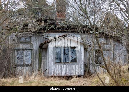 Altes, verlassenes Bauernhaus. Kaputte Fenster und Dach mit Vegetation Stockfoto