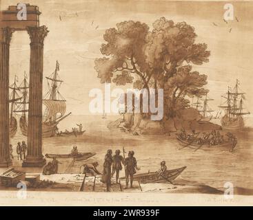 Seehafen mit Einschiffung von Saint Paul, Drucke nach Zeichnungen von Claude Lorrain (Serientitel), Liber Veritatis. Oder eine Sammlung von zweihundert Drucken, nach den Originalentwürfen von Claude le Lorrain (...) (Titel der Serie), Druckerei: Richard Earlom, nach Zeichnung von: Claude Lorrain, Herausgeber: John Boydell, London, 1. Januar 1776, Papier, Ätzen, Höhe 206 mm x Breite 257 mm, bedruckt Stockfoto