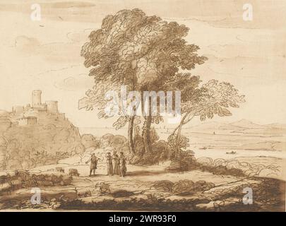 Landschaft mit Jacob, Laban, Rachel und Leah, Drucke nach Zeichnungen von Claude Lorrain (Serientitel), Liber Veritatis. Oder eine Sammlung von zweihundert Drucken, nach den Originalentwürfen von Claude le Lorrain (...) (Titel der Serie), Druckerei: Richard Earlom, nach Zeichnung von: Claude Lorrain, Herausgeber: John Boydell, London, 1. März 1777, Papier, Ätzen, Höhe 207 mm x Breite 260 mm, bedruckt Stockfoto